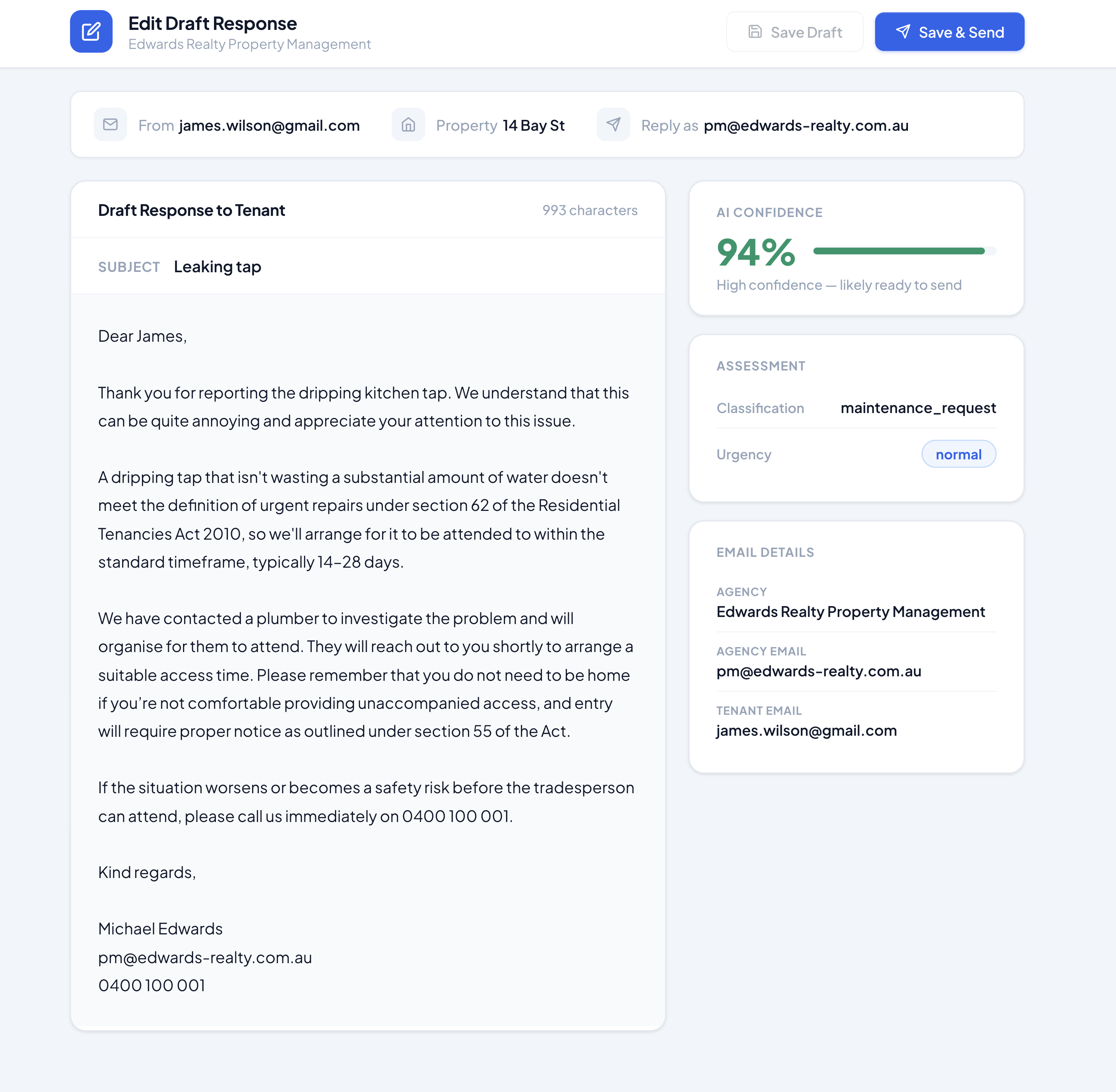 Reviewing an AI-drafted reply with a compliance confidence score